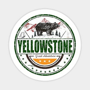 Yellowstone the Great Adventure round design with a bear, geyser, and waterfall Magnet